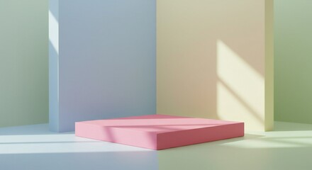 Fototapeta premium Minimalist space with a pink platform, pastel green, blue, and yellow walls. Soft natural lighting casts shadows, creating a serene mood.
