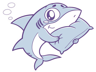 Cartoon Shark Ready for Bed Hugging a Pillow with Bubbles Around Him