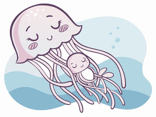 Cute Jellyfish Mother and Baby Swimming Together in the Ocean with Bubbles