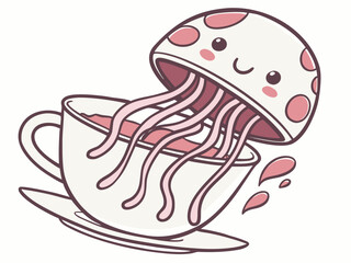 Cute Jellyfish Character Pouring Itself into a Cup of Tea Illustration