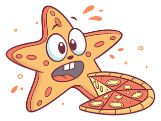 Cartoon Starfish Character Looking Shocked at a Slice of Pizza Being Removed