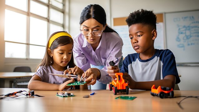 Dedicated teacher guides diverse young students building electronic circuits and toy robots in a bright classroom.