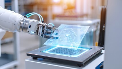 Advanced white robotic arm interacting with a glowing blue holographic interface displaying futuristic architectural designs.