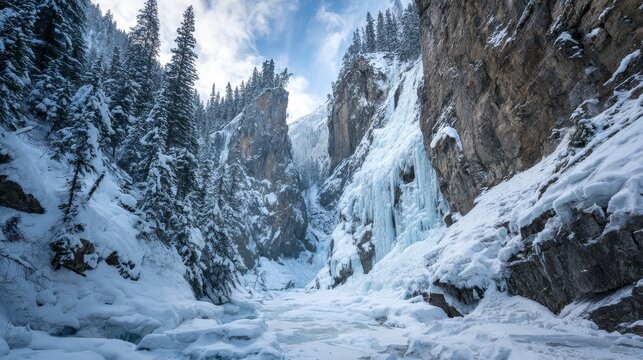 majestic frozen waterfall cascading down a snow-covered canyon, towering icy cliffs, winter landscape with deep crevasses