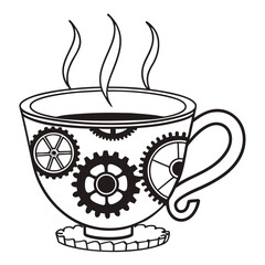 Steampunk Gears Teacup with Steam Engine Adobe Illustrator Artwork