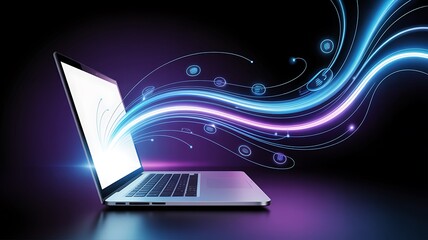 Laptop emitting glowing digital data streams and abstract light trails