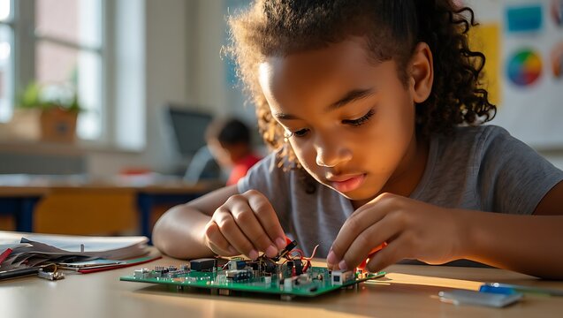 Young African American girl focused on assembling an electronic circuit board with tiny wires and components