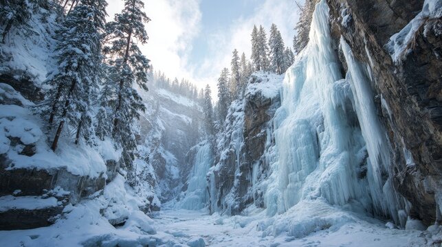majestic frozen waterfall cascading down a snow-covered canyon, towering icy cliffs, winter landscape with deep crevasses