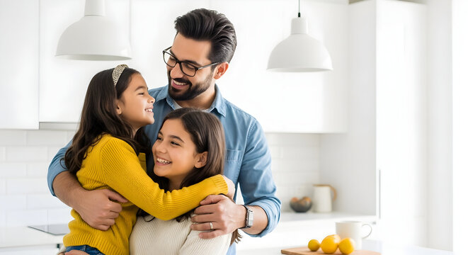 Happy Father and Two Daughters Hugging in Bright Modern Kitchen