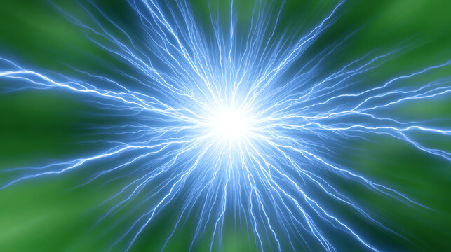 A brilliant burst of electric energy, radiating light and power against a vibrant green backdrop. Perfect for illustrating innovation.