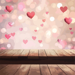 Romantic Hearts Wooden Table Bokeh Background