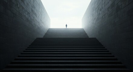 A solitary figure on an ascending staircase against stark, shadowy walls, illuminated by soft, diffused light; evokes feelings of loneliness and introspection, emphasizing lines and geometric shapes.