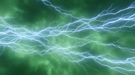 Naklejka premium A dramatic display of lightning bolts striking against a greenish background, illustrating the power of nature and atmospheric phenomena.
