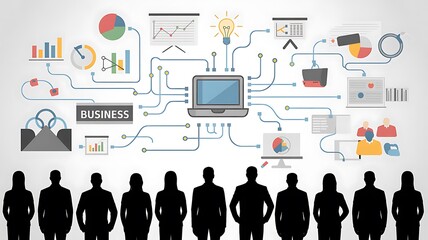 Diverse team collaborating on a digital strategy with a central laptop and data visualization