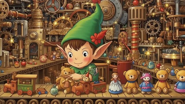 elf making toys in magical workshop