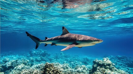 Naklejka premium a shark Swimming in Clear Ocean with Coral Reef, Sunlight Filtering – Natural Underwater Scene for Marine Conservation & Travel