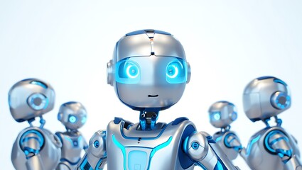 Naklejka premium Adorable Silver and Blue Robot with Luminous Eyes Standing Among Other Modern Bots on a Clean Background