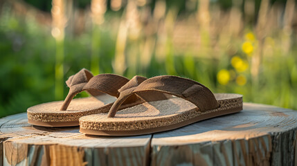 Illustration of a pair of stylish and comfortable flip flops made of natural materials, perfect for a relaxing day at the beach or a casual summer outing in nature