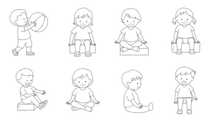 Collection of Cute Children Poses and Activities Line Art Illustrations	