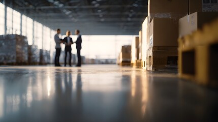 Logistics center with financial advisors discussing supply chain ope ns