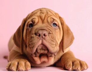 Obraz premium Retratos adorables de cachorro Mastín color cervato sobre fondo rosado suave, Generated image