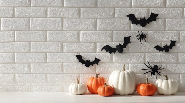 minimalist halloween decoration, white and orange pumpkins on clean white brick wall background, black paper bats flying