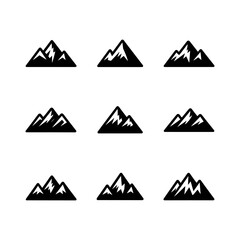 Mountain Landscape Icon Set: A clean, minimalist collection of stylized mountain range icons, embodying the essence of outdoor adventure and natural beauty in a monochromatic design.