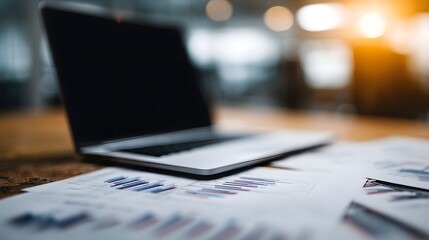 The office desk with charts graphs and a laptop  long title A close up view of an organized office desk featuring a laptop financial charts and data
