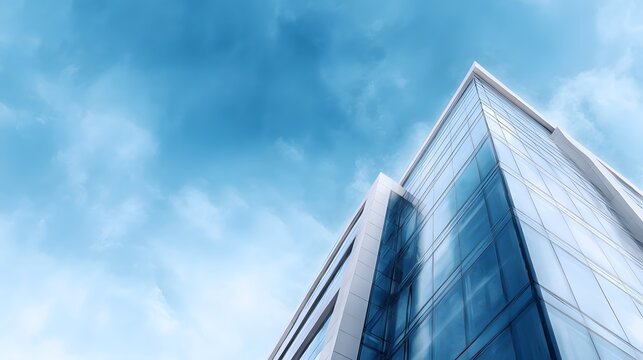 Sleek modern office building under a bright blue sky