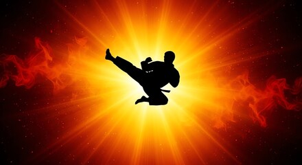 Silhouette of martial arts athlete with fiery gradient background.