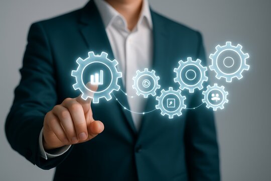 Business professional touching glowing gears with icons suit teal