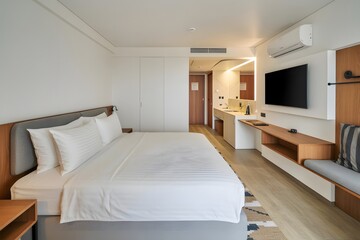 Modern Hotel Room with Cozy Bed and Sleek Amenities
