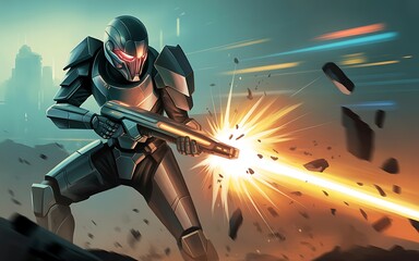 Fototapeta premium Armored soldier firing weapon in futuristic cityscape