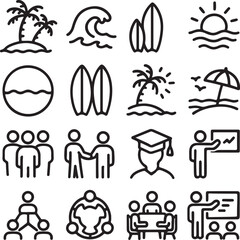 Hand-drawn doodle beach and surf icon vector set with tropical elements like palm trees, waves, surfboards, and sun. Perfect for summer designs, t-shirts, posters, and coastal designs.