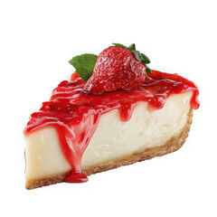 Delicious slice of strawberry cheesecake topped with fresh fruit and sauce isolated on transparent background