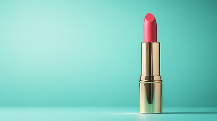 Stock photo of pink lipstick on a teal background for beauty blog or makeup tutorial and product advertisement