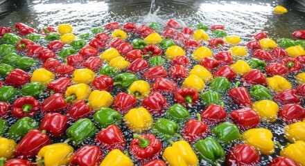 vibrant red green and yellow bell peppers washing in water
