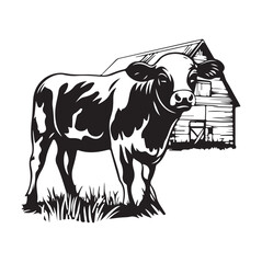 Cartoon vector illustration of a cow standing near a barn