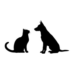 Vector  silhouette of a cat sitting and a dog sitting facing each other on transparent background