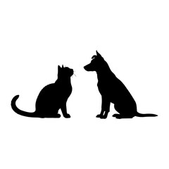 Vector  silhouette of a cat and a dog facing each other on a white background on transparent background