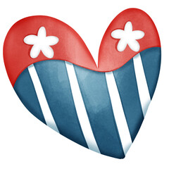 Red and blue heart with bold white stripes and white flowers at the top