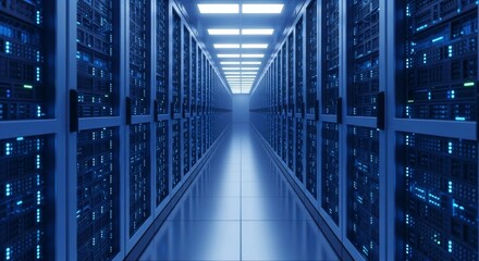 Modern server room interior. Rows of powerful computer servers with glowing lights in a data center.  High-tech infrastructure and network technology concept.
