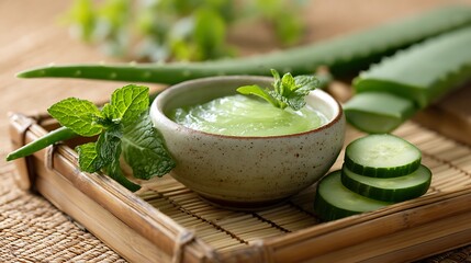 Aloe vera and cucumber skincare cream with mint leaves in a small bowl