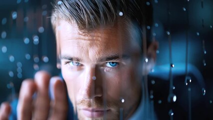 Focused businessman interacting with holographic digital display, navigating transparent touchscreen while analyzing corporate data with intense blue eyed concentration,Focused businessman - Powered by Adobe