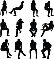 Silhouette of People Sitting in Various Chair Poses, Vector Illustration of Men and Women Seated, Casual and Relaxed Styles
