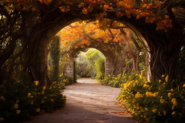 Fototapeta premium A soft-focus garden path with yellow and orange leaves, it's a tunnel-like flower garden.