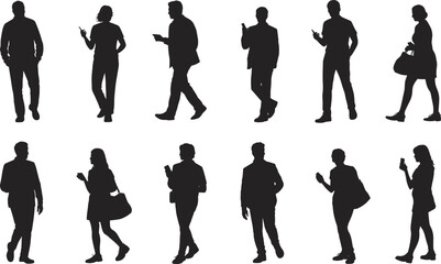 Silhouette of People Using Smartphones While Walking, Black Vector Illustrations of Men and Women in Urban Business and Casual Contexts