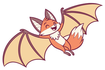 Fantasy cartoon bat-fox hybrid, simple vector style, flat cute color palette, smiling expression
