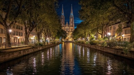 Canal city at night with cathedral reflection