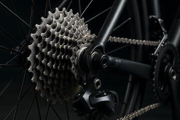 Close up bicycle gear cassette chain drivetrain mechanism mountain bike sprocket cycling component mechanical technology black metallic detailed bike part sports equipment outdoor riding cycling perfo